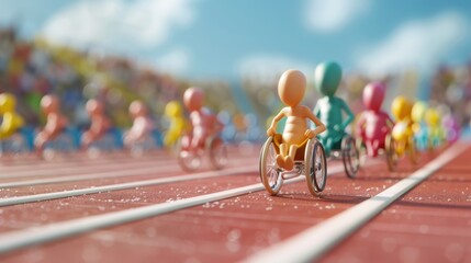 A group of colorful figures race on a red track, with one figure in a wheelchair leading the pack