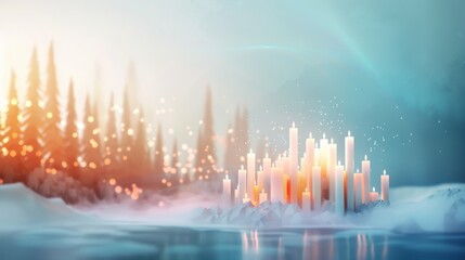 A magical winter scene with a line of burning candles in a snowy forest, glowing in the soft light of dawn.
