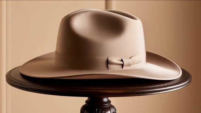 Sleek and classic, elegant fedora hat, resting on a wooden hat stand