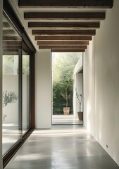 Fototapeta premium Modern Minimalist Home Interior With Wooden Beams And Large Windows