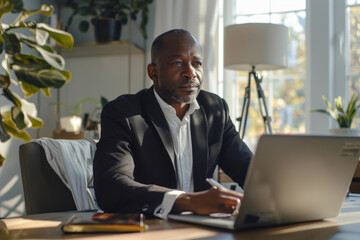 Obraz premium Mature businessman in a suit is participating in a remote job interview, confidently answering questions during a video conference