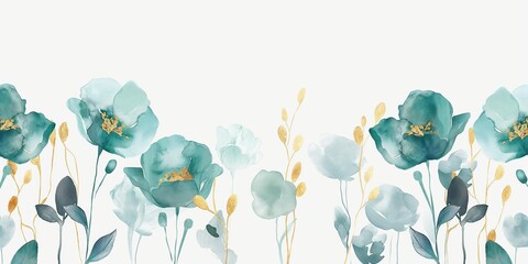 Watercolor teal and gold floral design on a white background.