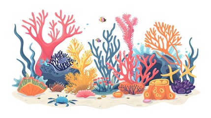 Coral reef design elements isolated on white background. Modern cartoon illustration of underwater seabed or aquarium bottom design elements, colorful aquatic plants collection, marine nature life