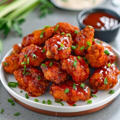 Fototapeta premium Succulent Boneless Chicken Wings Marinated in Beef Broth and BBQ Sauce: Gourmet Culinary Delight for Festive Gatherings. Creative Food Concept for Holiday Celebrations, Special Dinners, and Marketing 