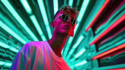 Obraz premium Urban Cyborg - Futuristic Streetwear Model in Neon Lit Cityscape Vibes with Cyberpunk Fashion Statement
