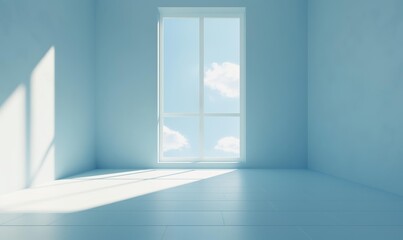 Fototapeta premium A minimalistic blue room with sunlight streaming through a large window, casting shadows on the floor.