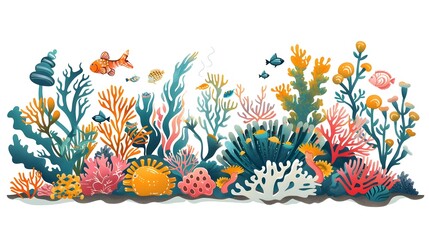 Coral reef design elements isolated on white background. Modern cartoon illustration of underwater seabed or aquarium bottom design elements, colorful aquatic plants collection, marine nature life