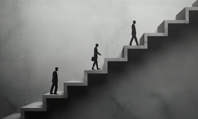 Three business people are walking up a staircase in a foggy, minimalist environment.