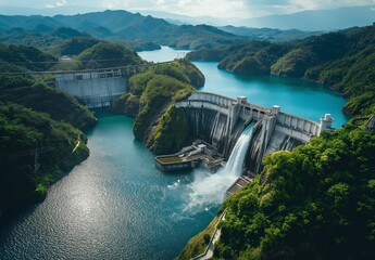 A breathtaking aerial view of a hydroelectric dam nestled between lush green hills and tranquil blue waters.