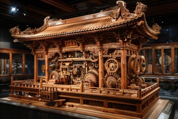 Fototapeta premium Intricate wooden mechanism showcasing exquisite craftsmanship and engineering in a museum setting.