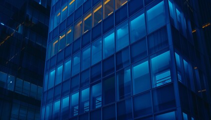 Close-up of an office building at night with lights on in the windows.