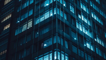 A detailed close-up of an office building at night with lights on in the windows.