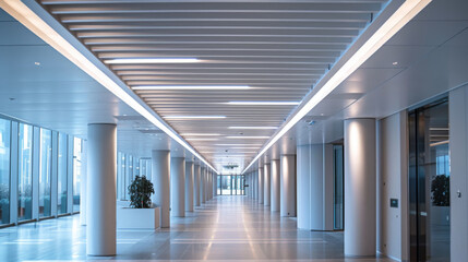 Spacious modern office hallway with glass walls, illuminated by bright lights and featuring a clean, minimalist design.