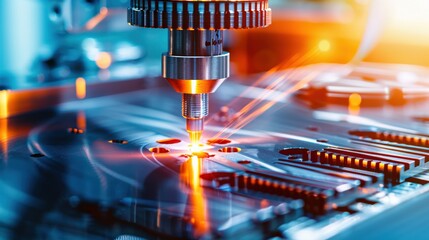 A machine is cutting a piece of metal. Concept of precision and control, as the machine is able to cut the metal with accuracy. The bright orange light from the machine also adds a sense of energy