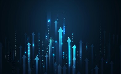Abstract background featuring glowing blue arrows pointing upwards, symbolizing growth, progress, or increase. The dark background provides contrast to the luminous arrows,