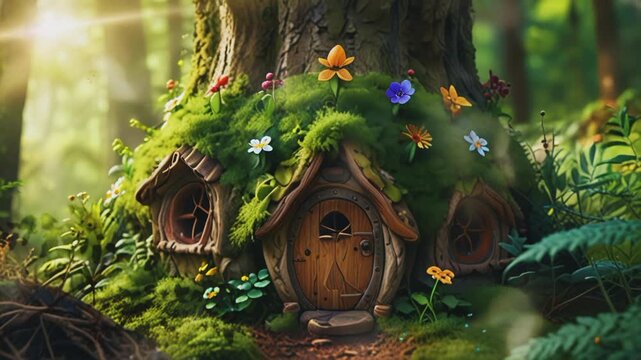 Fairy house in the forest, Seamless 4K looping virtual video animation background