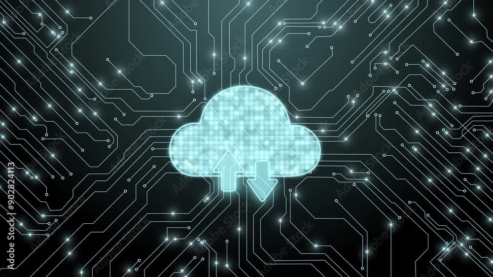 Fototapete Digital cloud with upload and download arrows, symbolizing the concept of cloud technology and the seamless exchange of data within a networked digital environment.