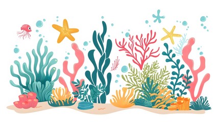 Obraz premium Coral reef design elements isolated on white background. Modern cartoon illustration of underwater seabed or aquarium bottom design elements, colorful aquatic plants collection, marine nature life