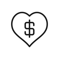 Donation. Heart shape with money sign icon line style isolated on white background. Vector illustration