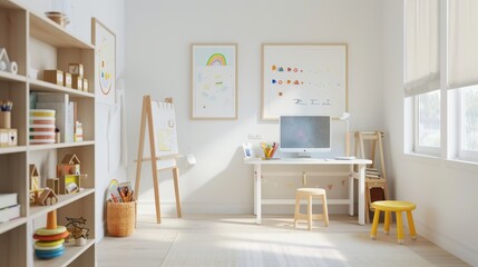 Bright and spacious playroom with wooden furniture, natural light, and colorful accents.
