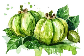 Naklejka premium Vibrant Watercolor Illustration of Fresh Cambodian Garcinia Cambogia Fruit on White Background