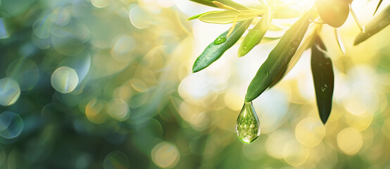 A water drop hanging from an olive leaf, with a blurred background of nature and sunlight, a banner with copy space area in the style of nature, Generative AI