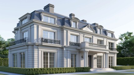 Obraz premium Elegant Modern Mansion Surrounded by Lush Greenery in Bright Daylight