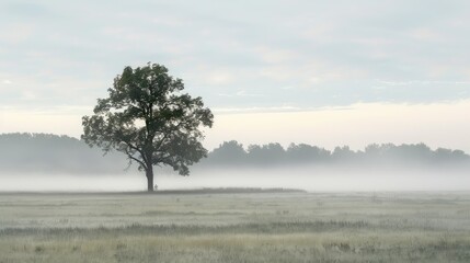 Obraz premium A fog-covered field with a lone tree standing out against the misty backdrop.
