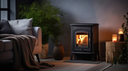 Fototapeta premium A wood burning stove is lit in a living room with a vase of flowers on a table