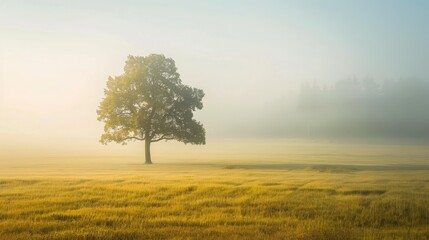 A fog-covered field with a lone tree standing out against the misty backdrop.