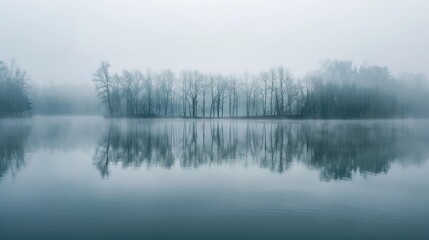 Fototapeta premium A fog-covered lake with trees and reflections barely visible in the water.