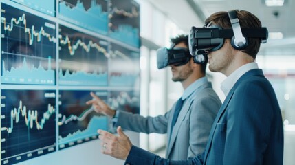 Two businessmen wearing VR headsets analyze data on a large screen.