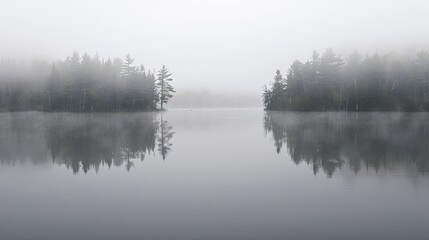 Fototapeta premium A fog-covered lake with trees and reflections barely visible in the water.