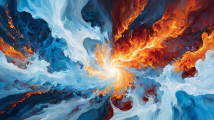 Fototapeta premium Fiery Swirl, A vibrant abstract painting capturing the intense energy of a fiery explosion. Swirling patterns in red, orange, and blue create a sense of chaotic movement and dramatic contrast.