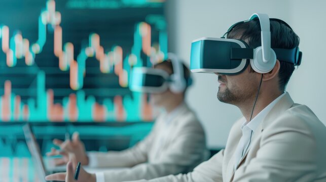Two businessmen wearing VR headsets in a modern office setting with a data visualization screen in the background.