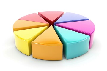 Obraz premium A colorful pie chart displayed on a plain white surface, perfect for illustrating statistics or data visualization in various contexts