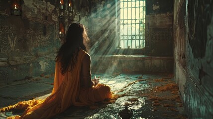 A young woman as a Devaki in a prison krishna birth scene