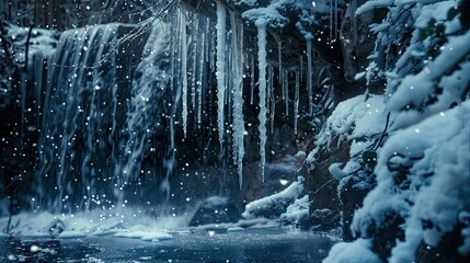 A frozen waterfall with icicles hanging from the edges in a winter forest.
