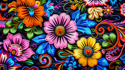 Vibrant Embroidered Flowers and Patterns on Dark Fabric Background in Traditional Andean Art, Highlighting the Colorful Peruvian Textile Embroidery. Detailed High Resolution Image Showcasing the Intri