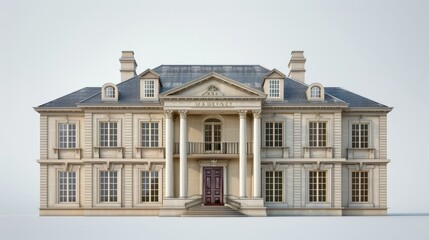 Fototapeta premium Elegant Colonial Mansion With Grand Entrance and Classic Architecture Set Against a Bright Background