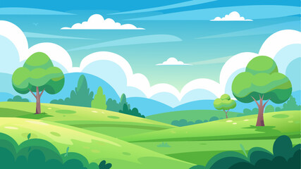 Scenic cartoon landscape with lush green trees and grass. © ArtWorld