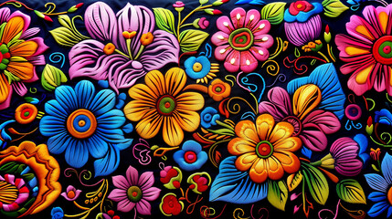 Vibrant Embroidered Flowers and Patterns on Dark Fabric Background in Traditional Andean Art, Highlighting the Colorful Peruvian Textile Embroidery. Detailed High Resolution Image Showcasing the Intri