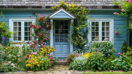 A garden house with a charming front garden, featuring a mix of flowers and shrubs.