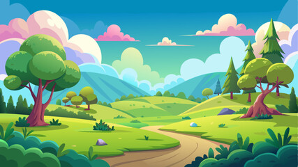 Scenic cartoon landscape with lush green trees and grass.