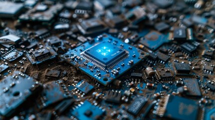 Obraz premium Blue microchip on electronic waste for technology and e-waste recycling concept