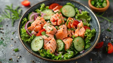 A plate of food with salmon, tomatoes, and cucumbers