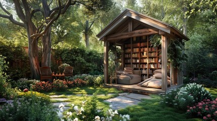 Obraz premium A garden house with a cozy reading nook in the garden, perfect for enjoying a book amidst nature.