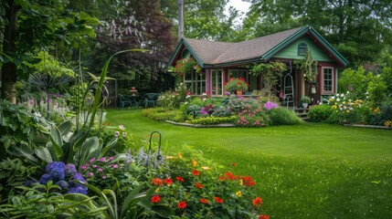 A garden house with a lush lawn and colorful flower beds, creating a picturesque garden scene.