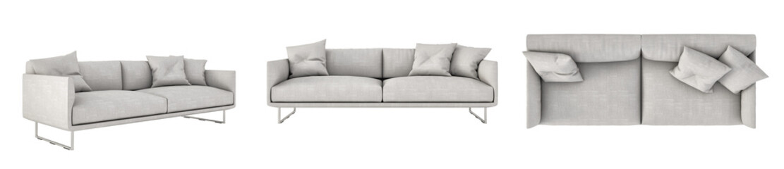Modern sofa white fabric on transparent background png 3d rendering