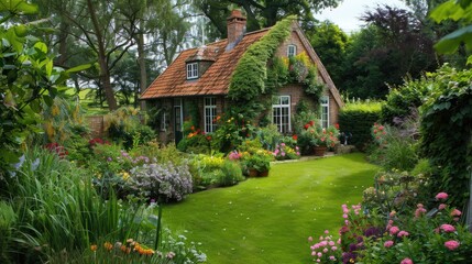 A garden house with a lush lawn and colorful flower beds, creating a picturesque garden scene.